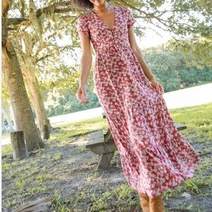 Natural Life Maxi Dress Red Floral Sz Medium Boho Cottagecore Fairy Peasant